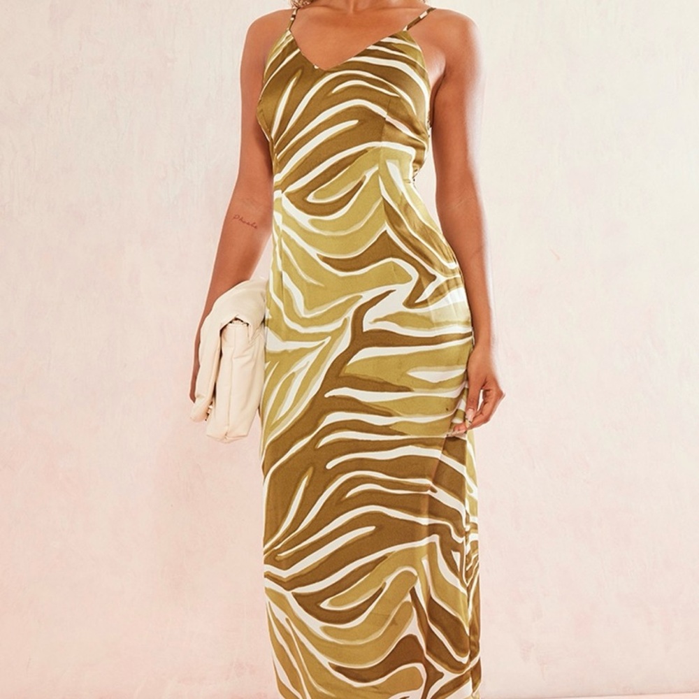 Satin green zebra print dress